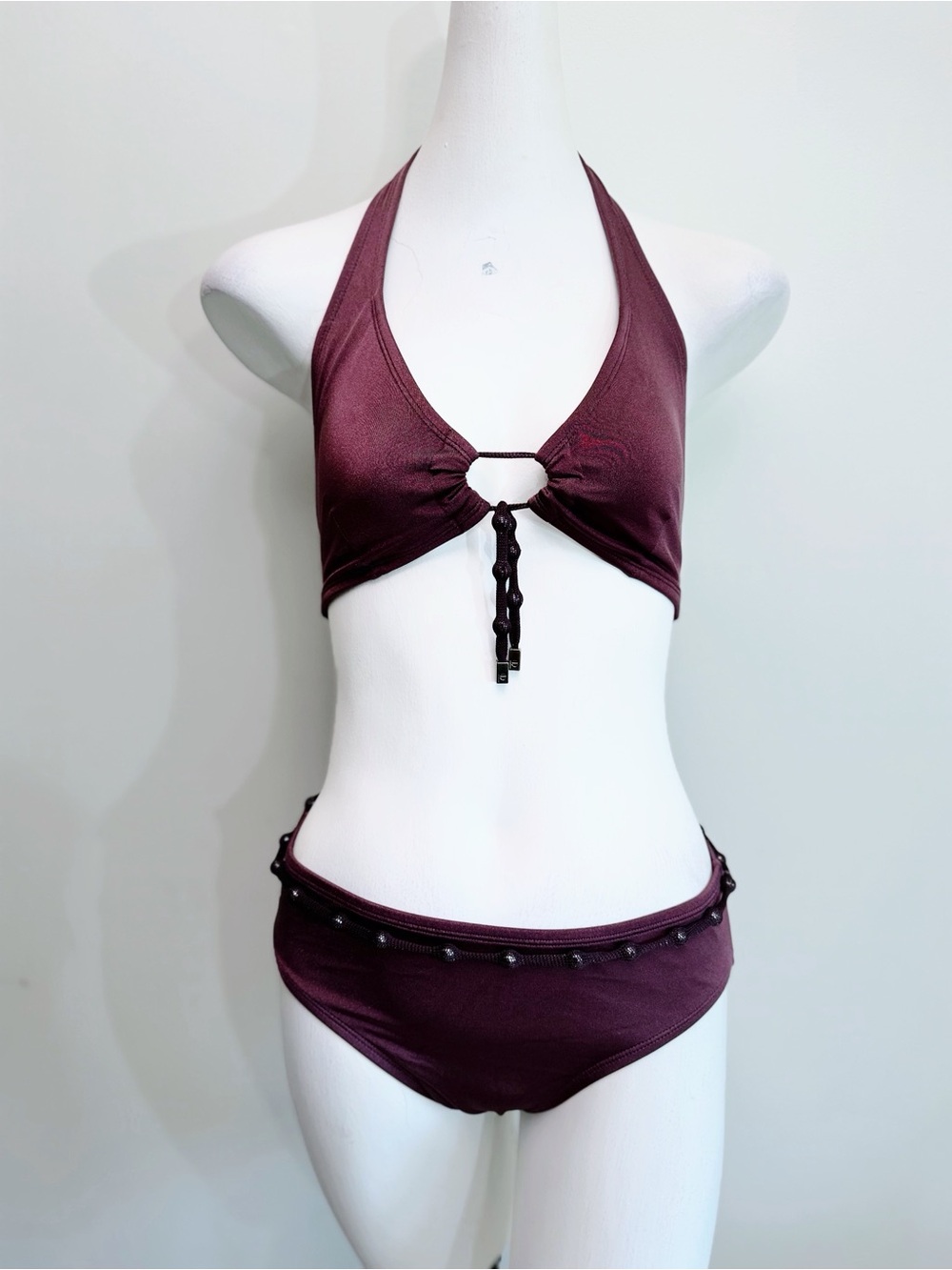 Perry Ellis Bikini Set Small Plum Purple Halter Beaded 2-Piece Swimsuit